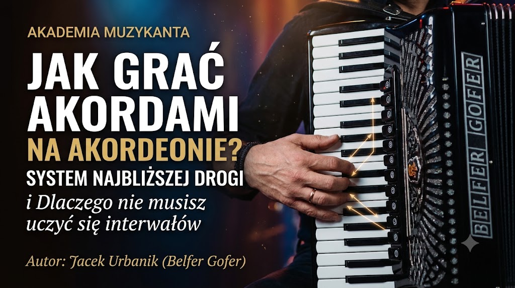 Dojrzały muzyk prezentuje jak wygląda płynna gra akordami na akordeonie klawiszowym z wykorzystaniem systemu najbliższej drogi.